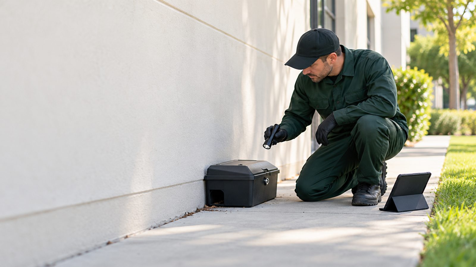 Tecnico che ispeziona una postazione di derattizzazione lungo il perimetro di un edificio