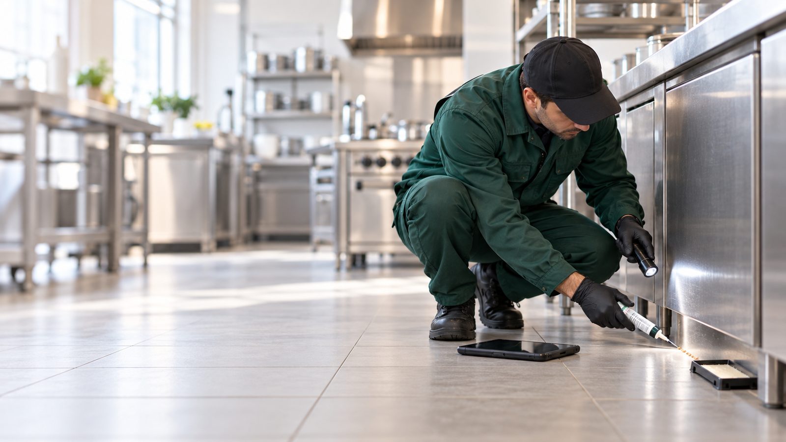 Tecnico che applica un gel insetticida in una cucina professionale