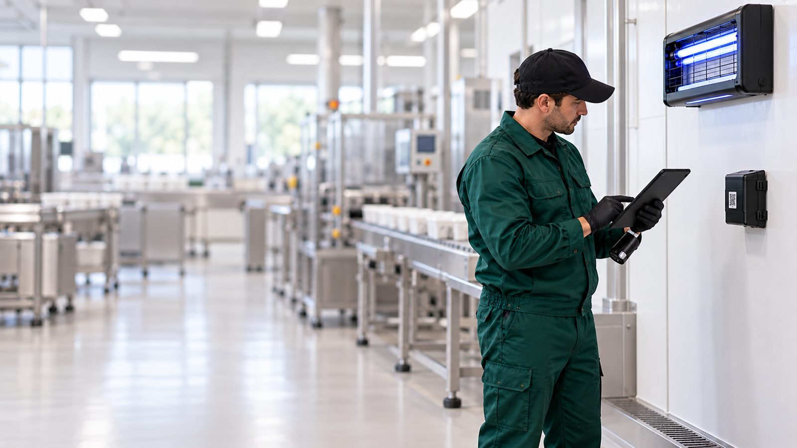 Tecnico che registra su tablet i controlli delle postazioni di monitoraggio in uno stabilimento